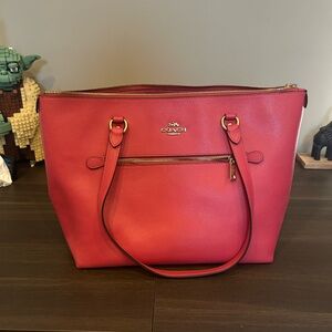 Coach Pink-Red Leather Tote with Gold Hardware